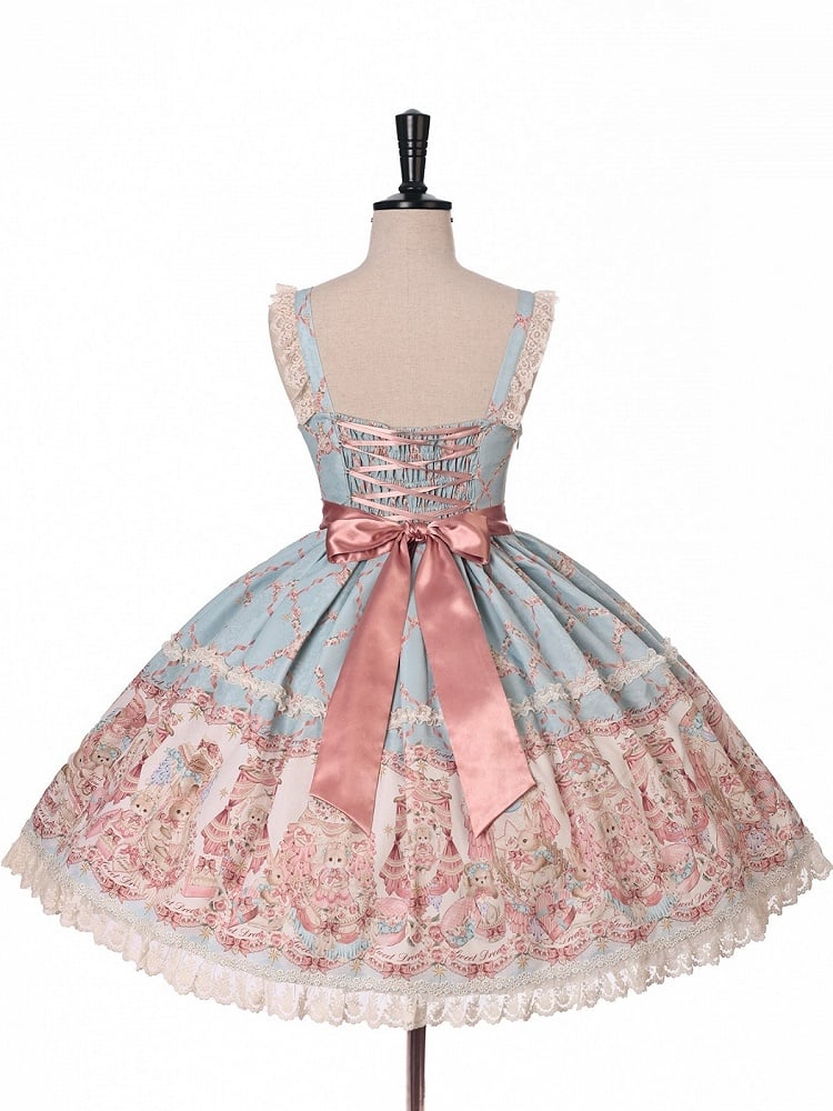 Blue and Pink Sweetheart Doll-Themed Lolita JSK with Toy Bed Print, Bow and Lace Accents - Alice Girl
