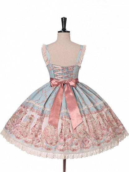 Blue and Pink Sweetheart Doll-Themed Lolita JSK with Toy Bed Print, Bow and Lace Accents - Alice Girl