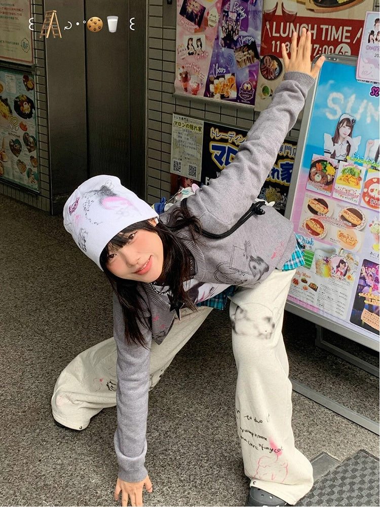 with Sweatpants Gray Print Cartoon Animal All-Over