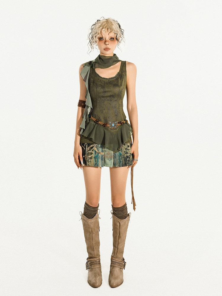 Sleek Tulle Asymmetrical Top Triangular Ruffles Green with Tank Cascading Hemline