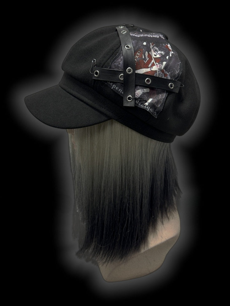 Y2K Black Criss-cross Straps Goth Girl Applique Punk Beret