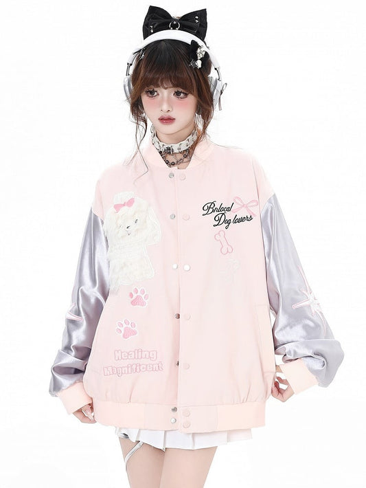Silver and Pink Furry Puppy Applique Baseball Jacket