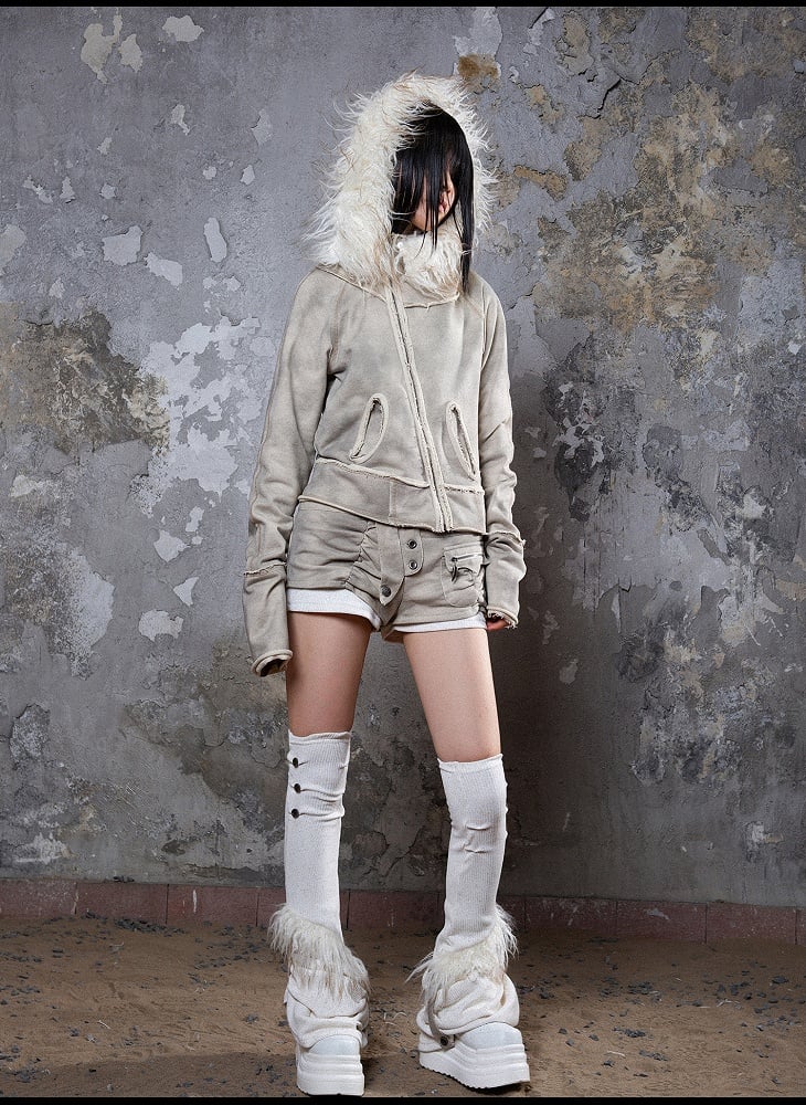 Punk Collar Cotton Fur Grayish Jacket Apricot Distressed Faux with Detachable Hoodie Lining/Regular