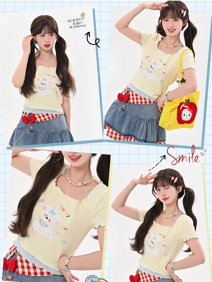 T-Shirt Saum Quadratischer Ausschnitt Apricot Welpendruck Salat