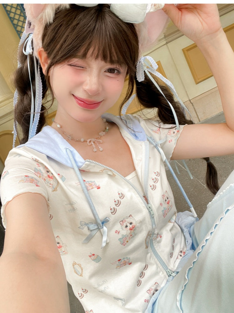 ジップアップフード付きキュートなキティプリントカーブヘムレースブルートリムTシャツ