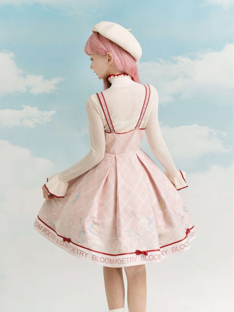 Pink and Red Trim Lace-up Front Jumper Skirt + Apricot Long Sleeves Top