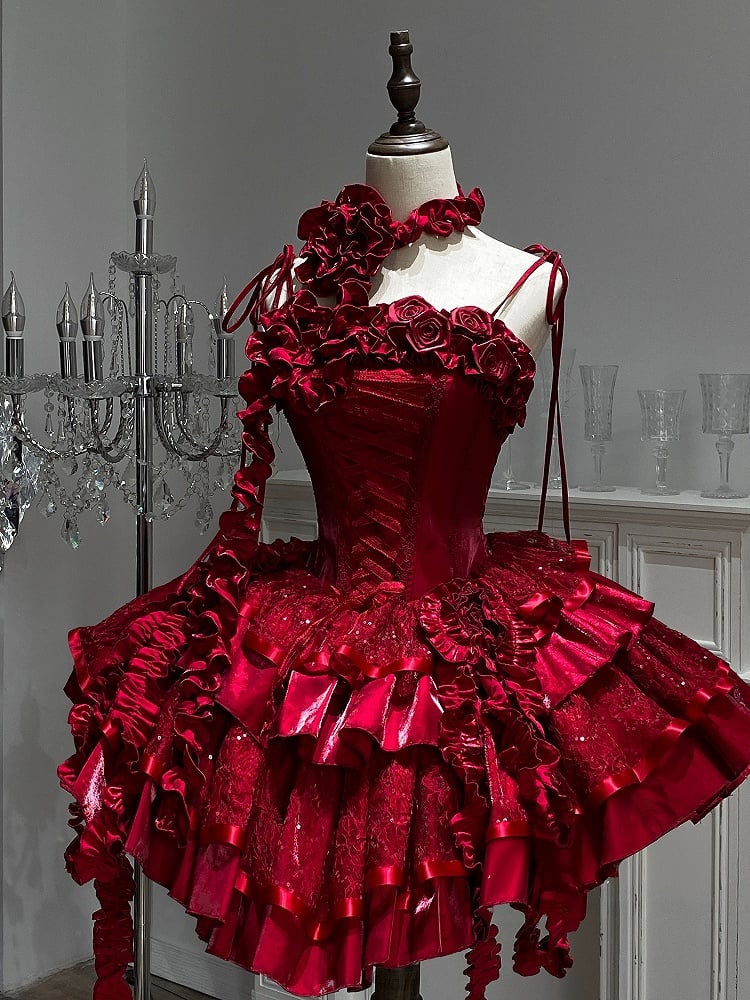 Lolita 80–90 cm, rote Büste, Stäbchen S für Pailletten, Kleidausschnitt, Gothic, gestuft, Ausverkaufsgröße, Rüschen, Rosen