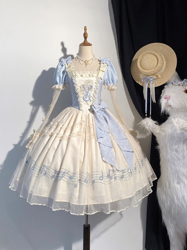 Lolita Blue Note Version Elegant Lace Dress Classic Musical Short Print Beige Violin Embroidery with