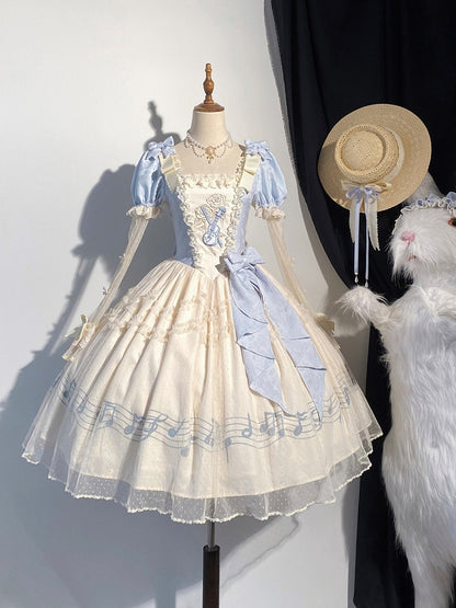 Lolita Blue Note Version Elegant Lace Dress Classic Musical Short Print Beige Violin Embroidery with
