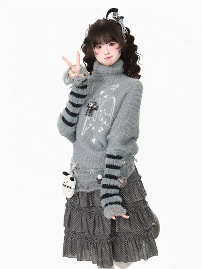 Cool Season Kawaii Gray Asymmetric Faux Mohair Star Wing Sweater - Languid Park
