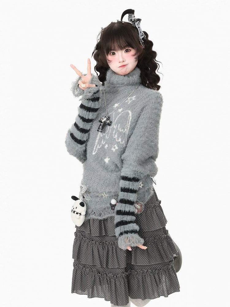 Cool Season Kawaii Gray Asymmetric Faux Mohair Star Wing Sweater - Languid Park