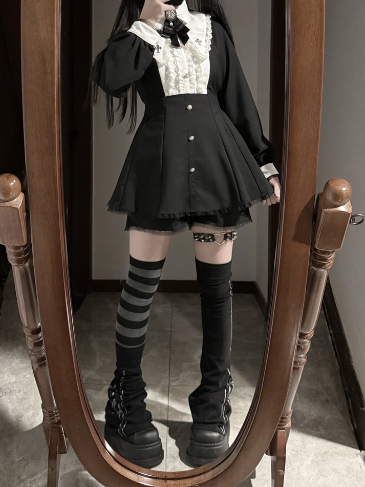 Bow Shorts Set - Cross Embroidered Pointed Flat Collar Dress + Three-piece Jirai Kei Black + Tie