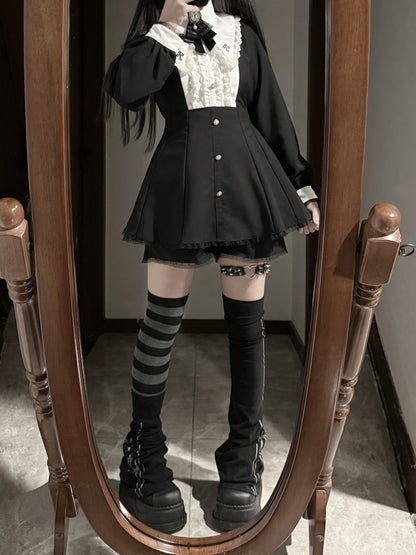 Bow Shorts Set - Cross Embroidered Pointed Flat Collar Dress + Three-piece Jirai Kei Black + Tie