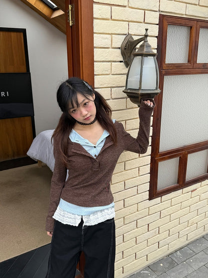 Two-piece Dot Patchwork Sleeve Polka Long T-Shirt Vintage