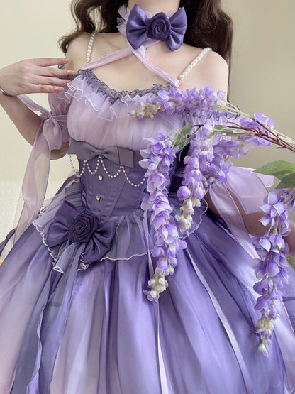 Purple with Elegant Puff Dress Short JSK Lolita Sleeves