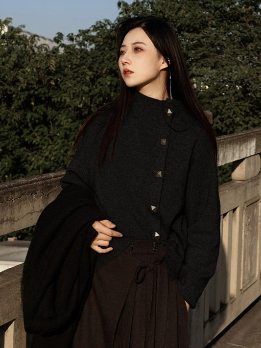 Unisex Chinese Cardigan Knit Black Traditional Front Button Style - Design