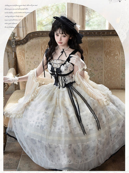 Champagne Bow Lace JSK Set with Cape and Pearl Hat - Sweetheart Macaron Lolita