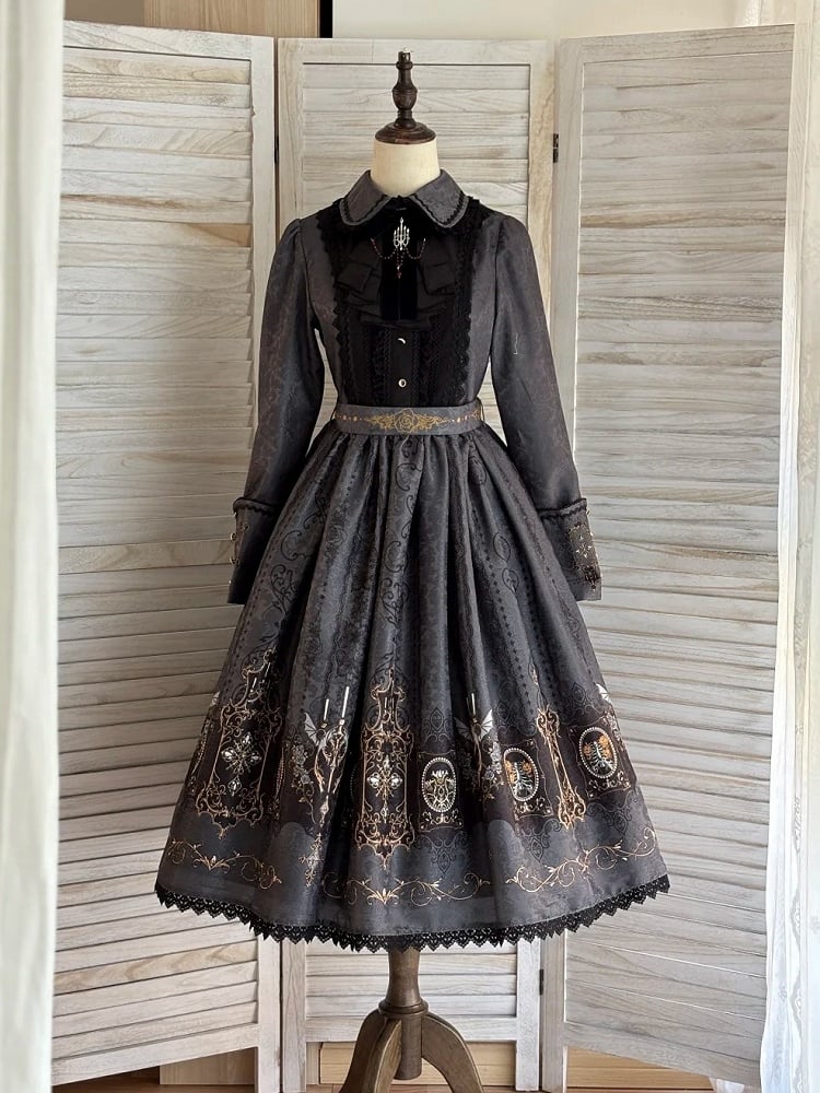 Dress Wings Lolita Collar Long Gothic with Peter Gray Bat Candelabras Sleeves Print Pan