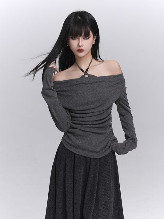 Ruched Halter with Gray Gothic Top Two-Piece Faux Design Off-the-shoulder Dark