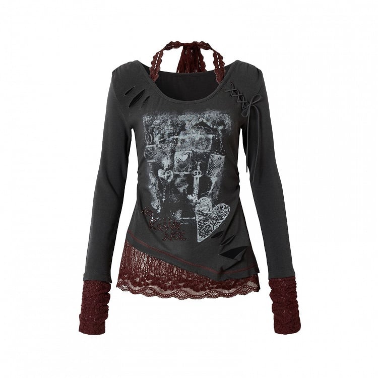 レースアップとダメージ加工の穴があいたグレー＆レッドのホルターネックトップス