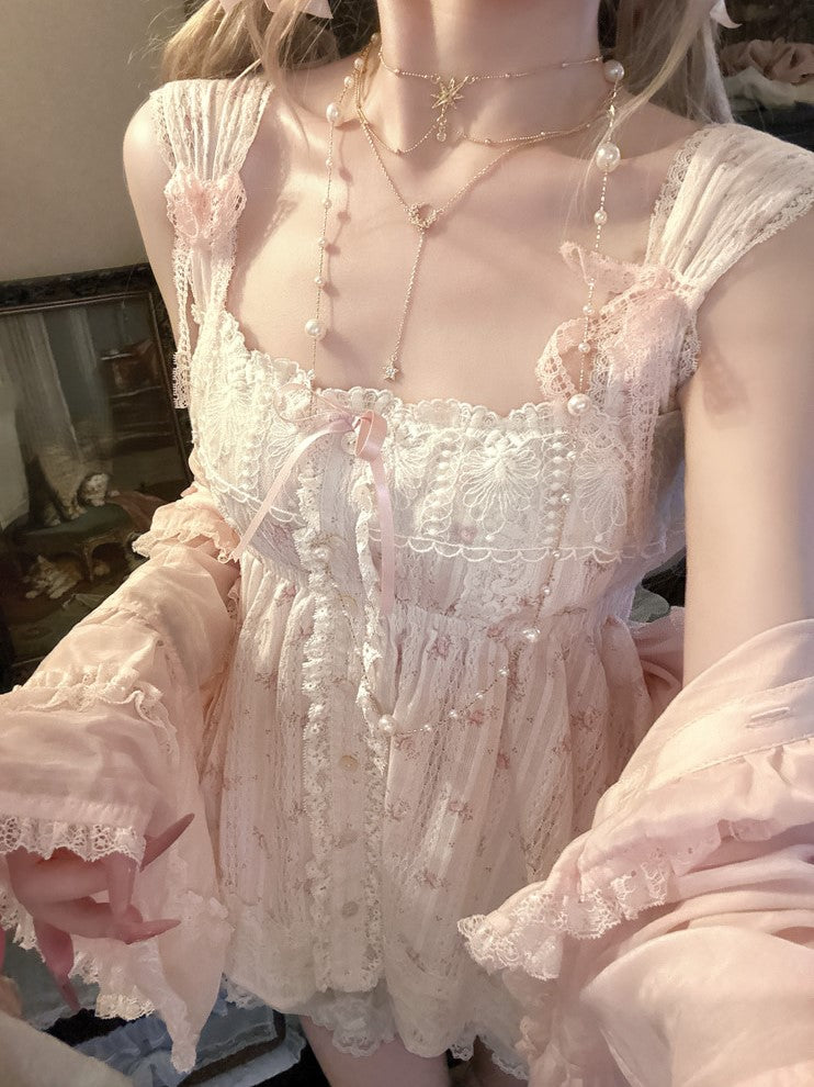 Cami Satin Top With Trim Floral Bows Lace Pink