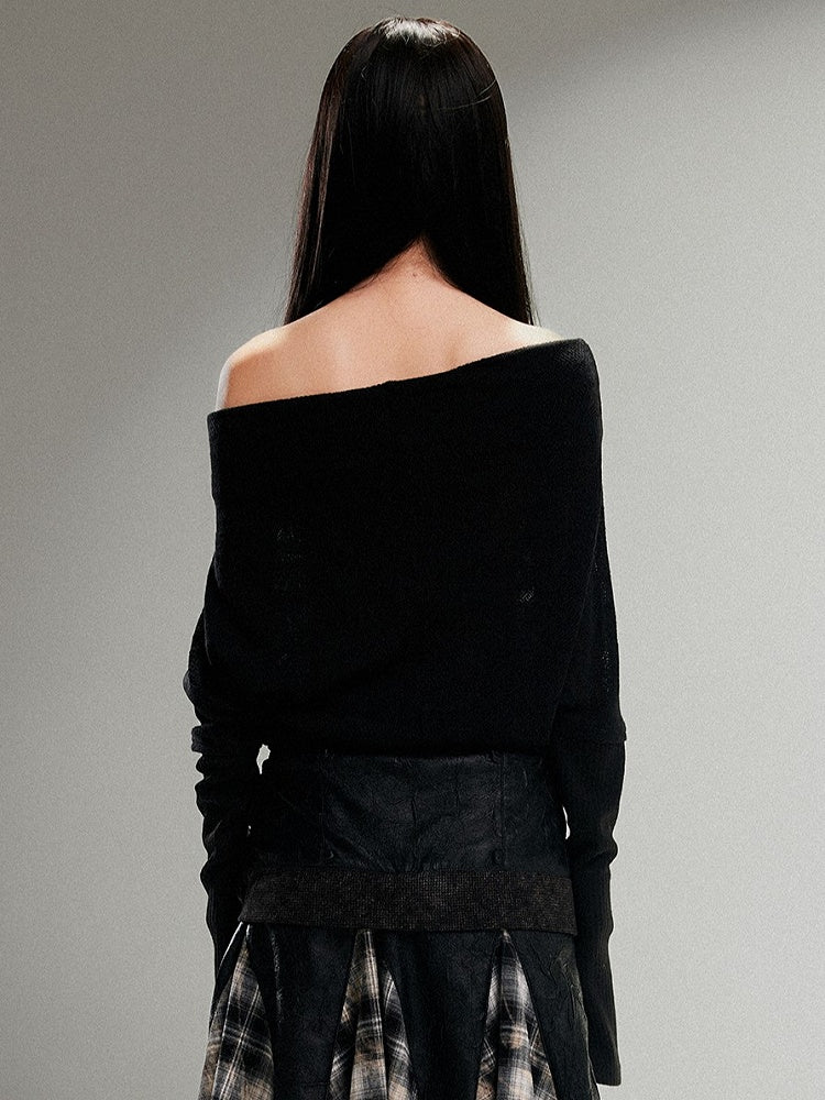 Vintage Print Totem Knit Off-Shoulder Punk Black Top Loose Fit