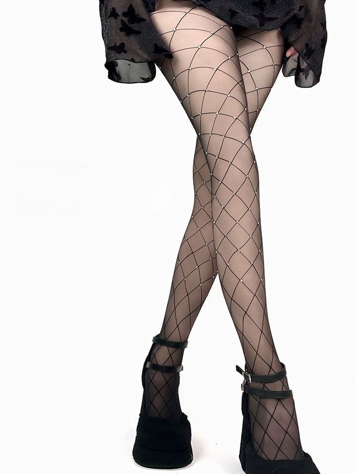 Decorated Black/White Fishnet Tights Rhinestone