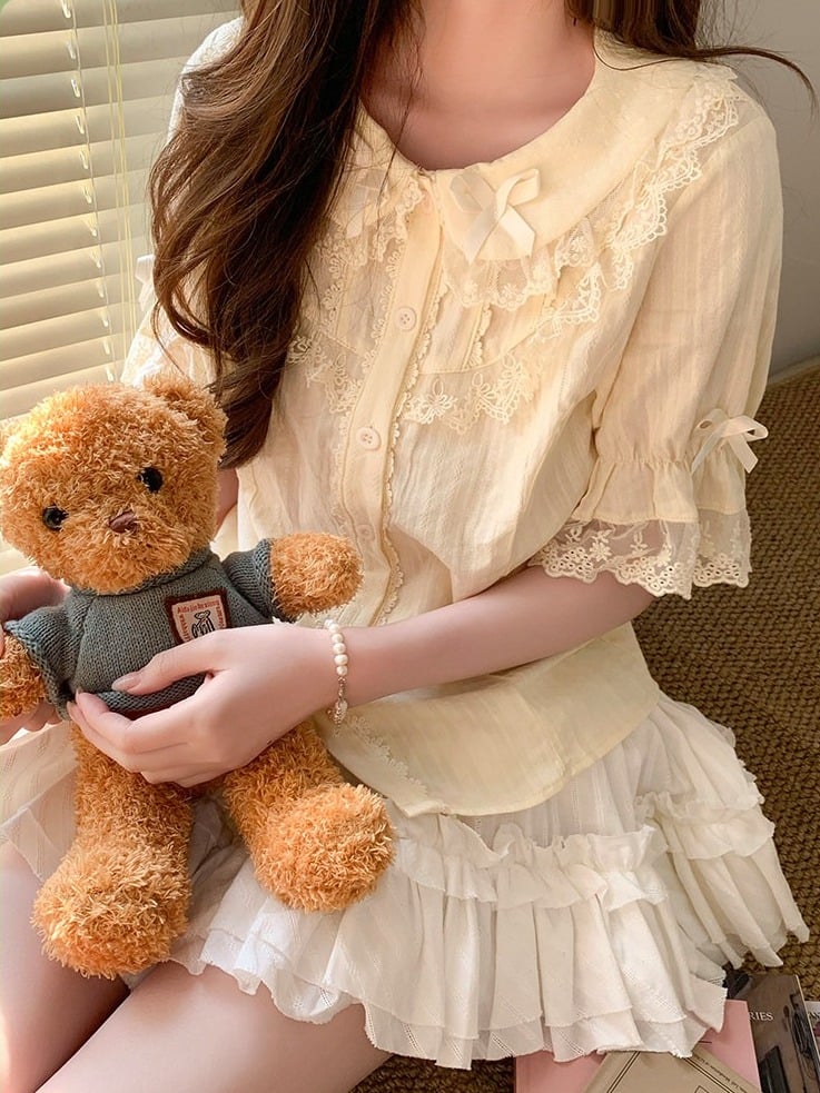 Yellow Bow-Trim Peter Pan Collar Blouse - Lan Jian Chuan