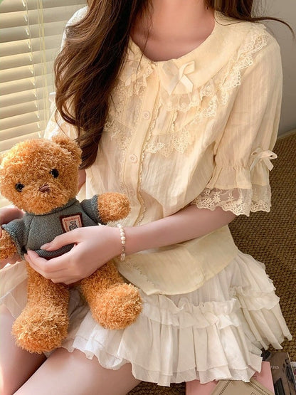 Yellow Bow-Trim Peter Pan Collar Blouse - Lan Jian Chuan