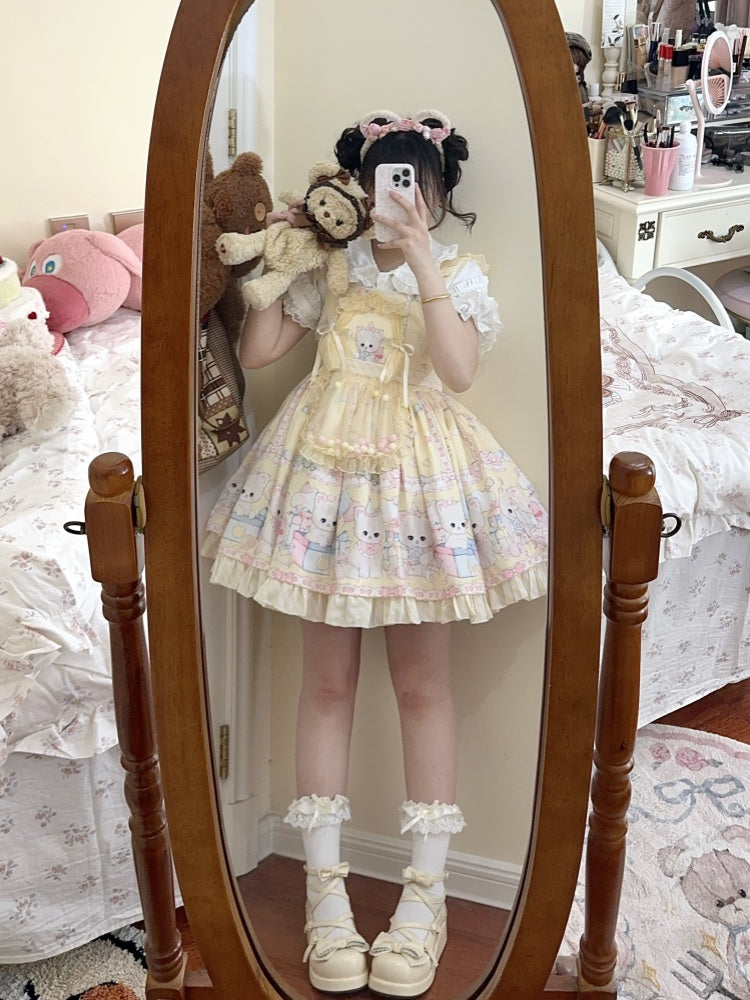 Kleid Süße Gelbe Overall Lolita Kitty Polka Muster Druck Punkte und