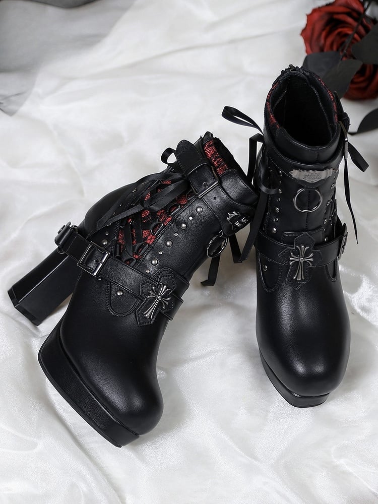 Gothic Lacing Crisscross Studded System PU Dual Black Fastening Boots Details - with High-heel Ankle