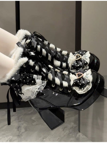 8CM High Heel Winter Boots in Black Plush with Heart Detail & Polka-Dot Bow - Witch's Night