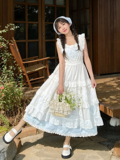 Overdress Trim Patch White Flutter Sleeves Lace Embroidery Plaid Tiered Cutton Skirt Blue