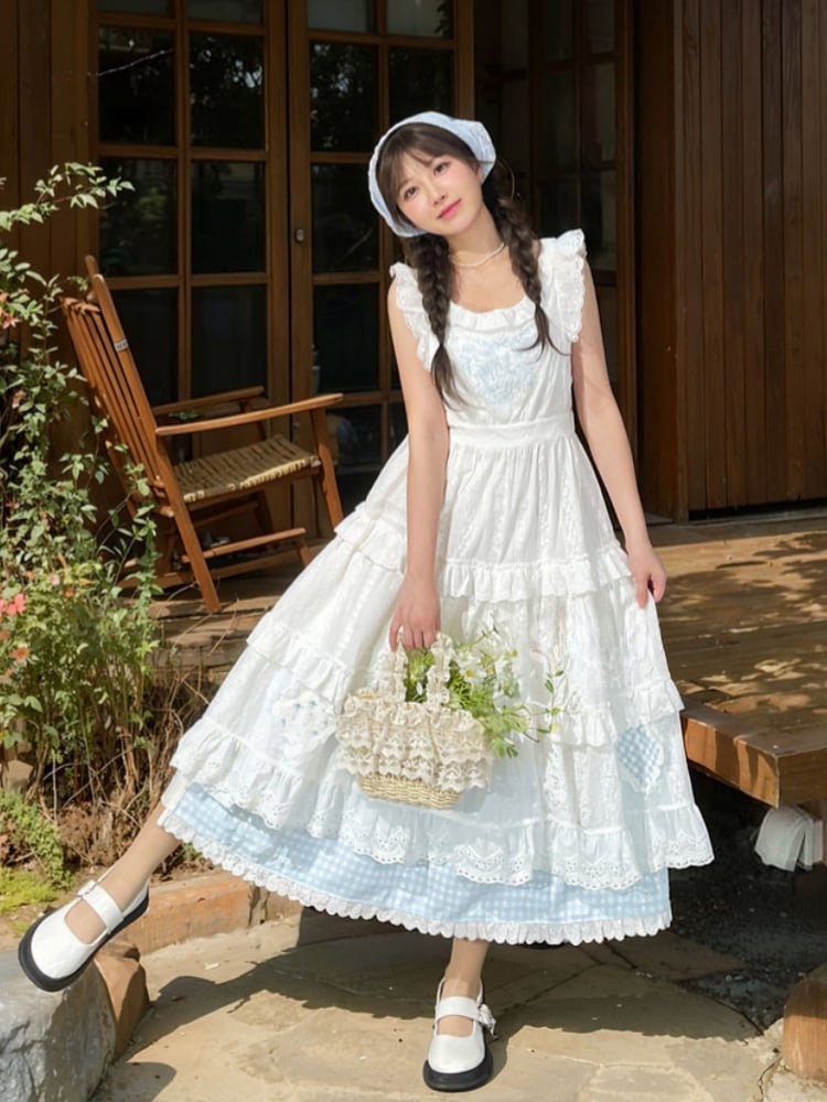 Weiße Flatterärmel Spitzenrock Patch Blaue Borte Cutton Stickerei Plaid Tiered Overdress
