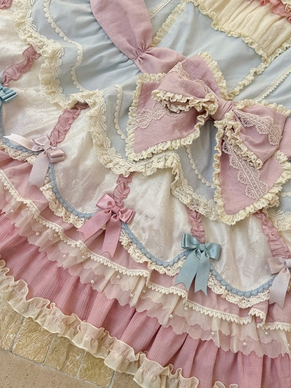 Waist Dropped Blue Sweet Bowknot Hem Dress Layered Details Lolita and Pink