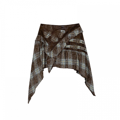 バタフライアップリケハンカチ裾グリーンチェックスカート