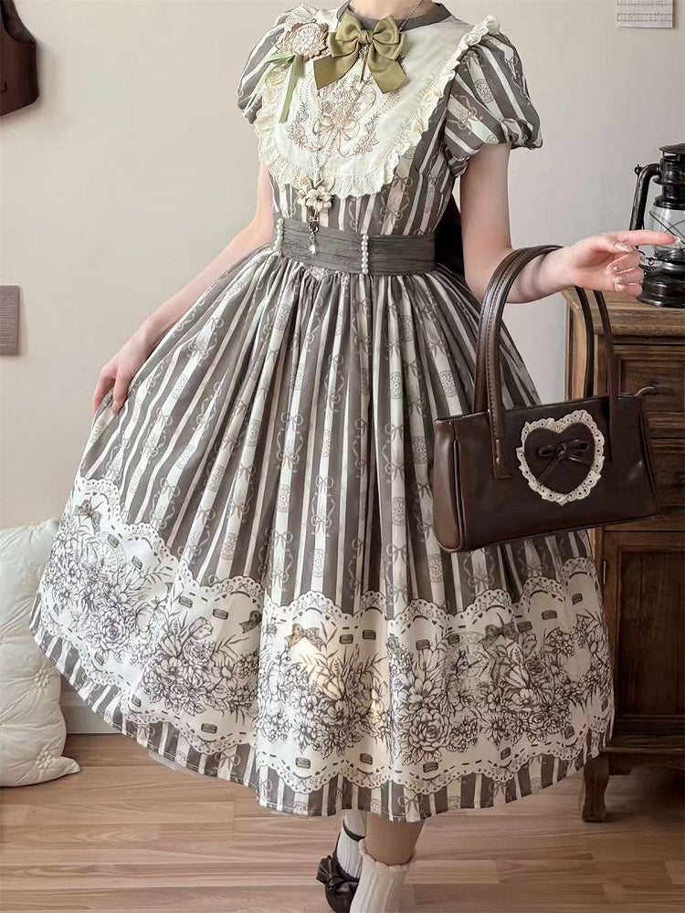Bodice Pattern and Bowknot Lolita Piece Classic Embroidery Version Brown Long One Striped Floral