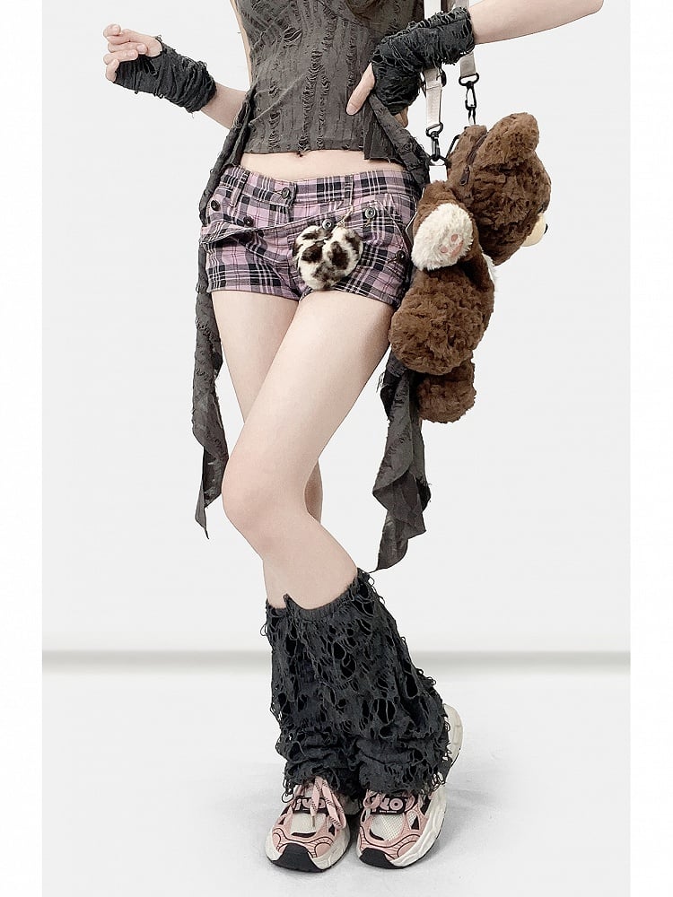Karierte Bittersüße Shorts Denim SchwarzPink Muster Y2K