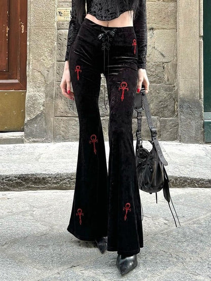 Pants Flared Halloween Print Cross Red Fly with Lace-Up Black Gothic