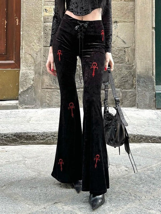 Pants Flared Halloween Print Cross Red Fly with Lace-Up Black Gothic