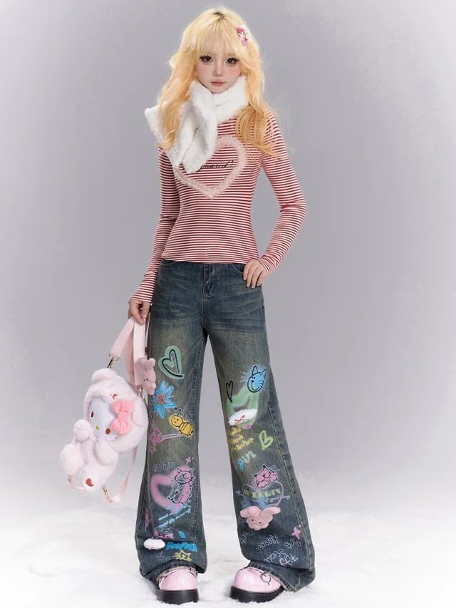 Blue Bunny Plushies Adorned Cats Graffiti Wide-leg Cut Jeans