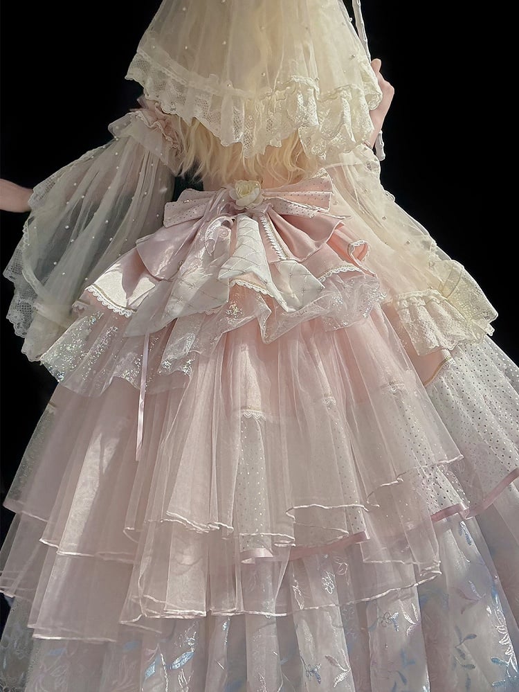 Hem Short Pink Lolita with Embroidery Version High-low Dress Corset Hanayome Floral Waist Layered