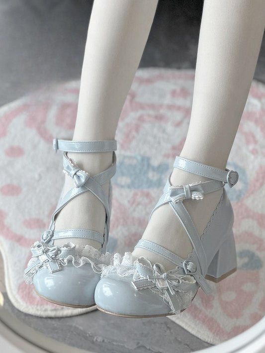 Blue at Heart Lolita mit Spitzenoberteil und Patch, mittelhohem Absatz, Schleife und Rüschen