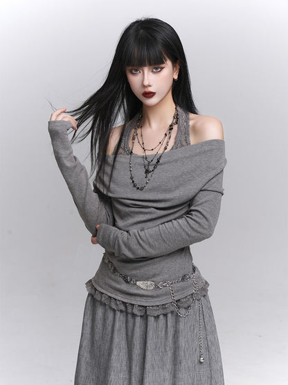 Lace Gray Two-Piece Faux Top Halter Trim with Neck Convertible Gothic Cowl