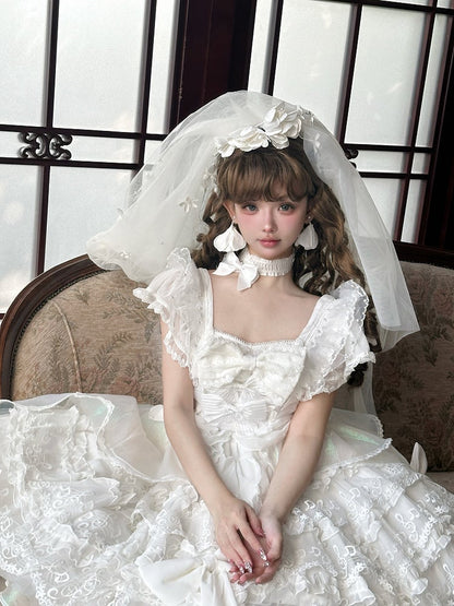 Lolita Head White Veil Floral Embellished