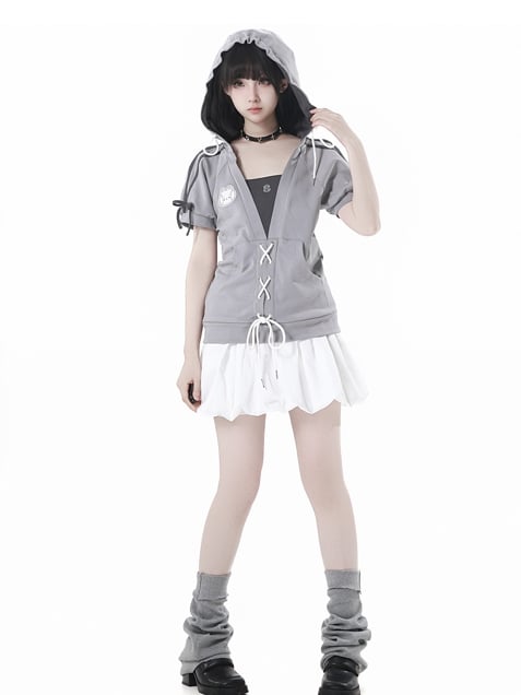 Grey Faux Two-pieces Hooded T-Shirt Lace-up Detail