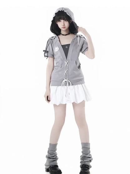 Grey Faux Two-pieces Hooded T-Shirt Lace-up Detail