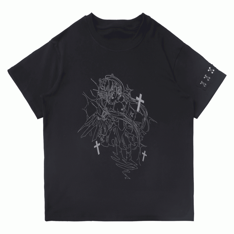 Print T-Shirt Angel Black Round Neck Reflective Cyber