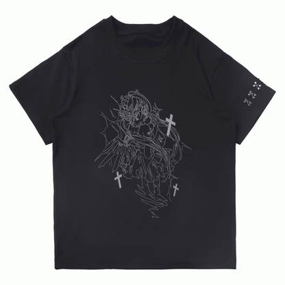 Print T-Shirt Angel Black Round Neck Reflective Cyber