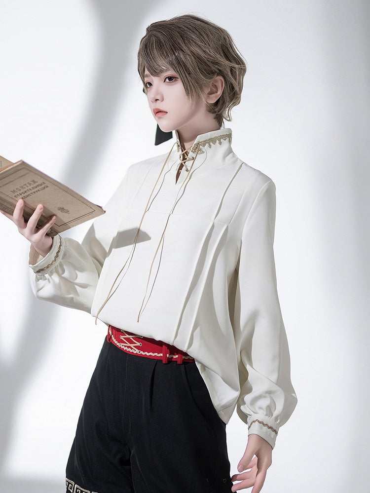 Chinoiserie Stand Ouji Shirt Lace-up Collar White